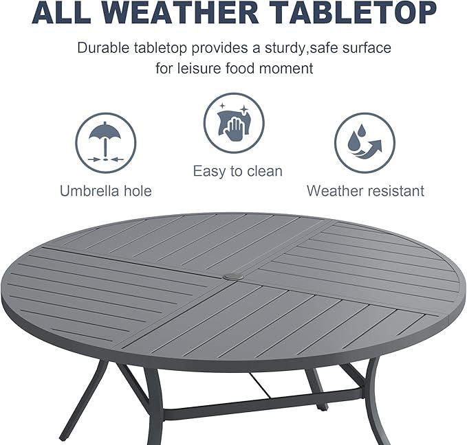 VICLLAX Round Patio Dining Table, 6 Person Metal Outdoor Dining Table with Umbrella Hole and Storage Shelf for Garden Lawn Deck, 50" Dark Grey