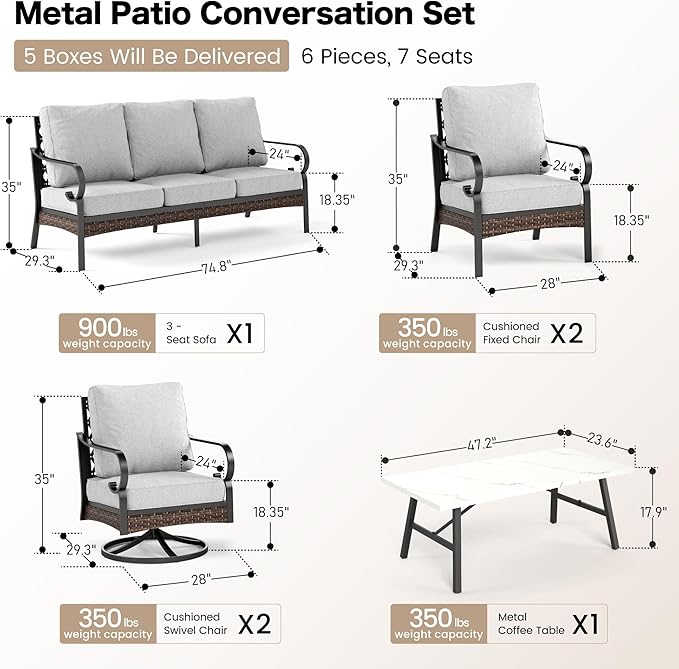 SUNSHINE VALLEY 6-Piece Metal Outdoor Patio Furniture Set - Black & Light Gray with 1 3-Seater Sofa, 2 Fixed & 2 Swivel Sofas, Coffee Table