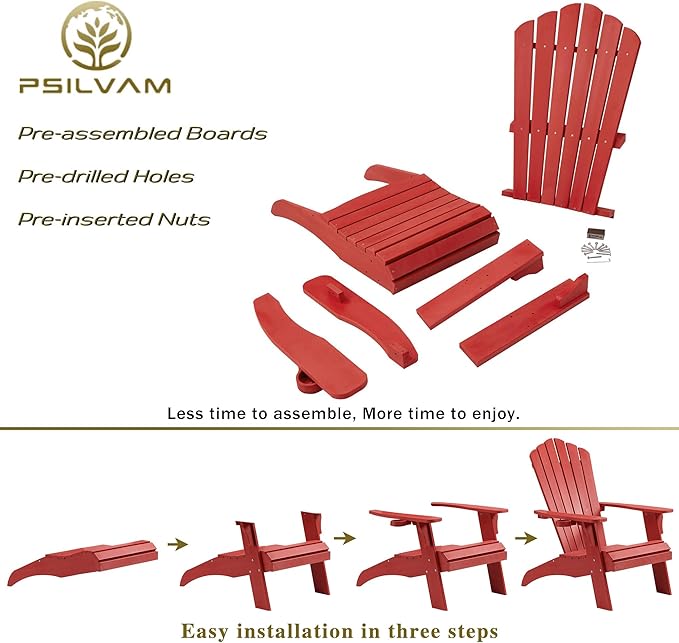 Psilvam Adirondack Chair, Oversized Poly Lumber Fire Pit Chair with Cup Holder, 350Lbs Support Patio Chairs for Garden, Weather Resistant Adirondack Chair Looks Like Real Wood (2, Red)