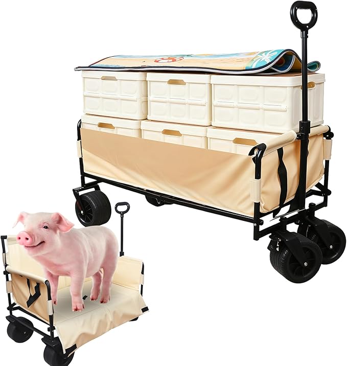 Collapsible Folding Wagon, Foldable Beach Wagon Cart with 300L Storage Collapsible 330LBS Folding Cart Adjustable Handle, Outdoor Utility Wagon for Groceries, Camping, Sports, Shopping(White)