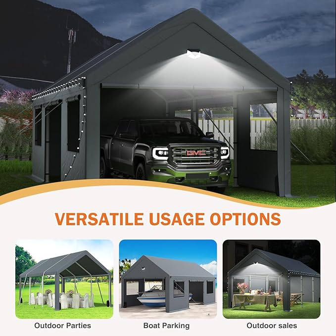 Carports 20X20 Heavy Duty，2 Car Carports with Side Doors，Portable Car Port Garage All Weather，Extra Large Outdoor Carport Canopy，Grey