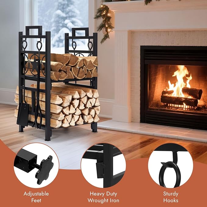 INNO STAGE Firewood Rack Fireplce Firepit Tools Set Double Layer Iron Wood Log Holder for Fire Place Outdoor Indoor Accessories-Brush, Shovel, Tong, Hook