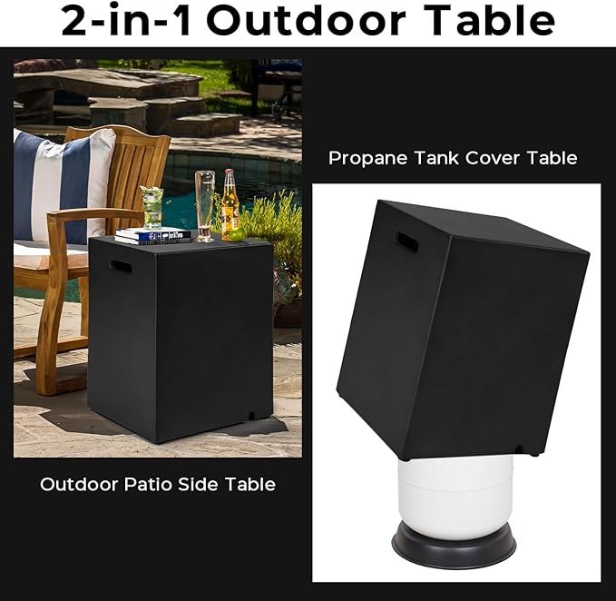 Propane Tank Cover Table Square, Outdoor Tank Covers Propane Storage Box 20 LB Modern Cover Tables with Side Handle, Concrete Hideaway Holder for Patio Backyard Deck (Black)