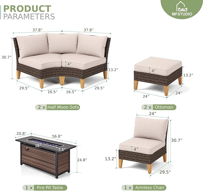 MFSTUDIO 8 Pieces Wicker Patio Furniture Set with 56" Fire Pit Table, Durable Rattan Outdoor Conversation Set Half-Moon Sectional Sofa, 4 x Curved Sofa, 1 x Armless Chair, 2 x Ottoman(Beige Cushion)