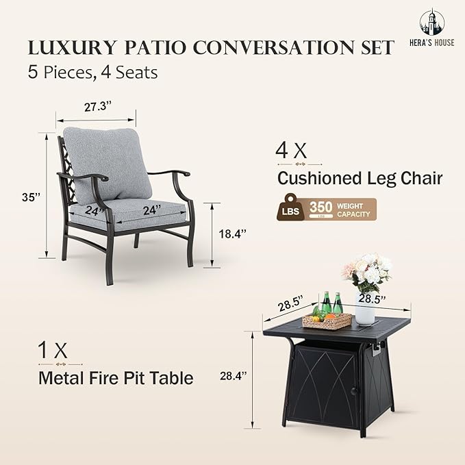 HERA'S HOUSE 5 Pieces Patio Furniture Set with Fire Pit Table, 4 x Thick Cushioned Chairs, 1 x Fire Pit Table (50,000 BTU), All Weather Outdoor Conversation Set for Garden, Backyard, Lawn, Grey