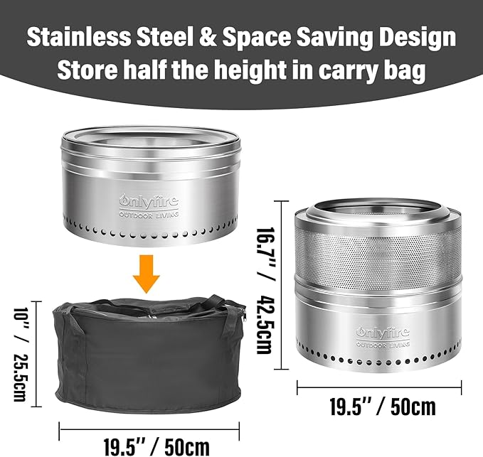 ONLYFIRE OUTDOOR LIVING Wood Burning Fire Pit with Carrying Bag, 19.5” Detachable Portable Firepit for Camping Tailgating Patio Backyard Bonfire, Perforated Smokeless Fireplace, Stainless Steel FP037
