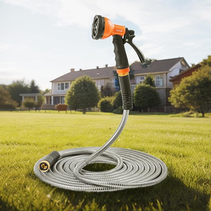 VEVOR Garden Hose Metal 100FT – Heavy Duty Stainless Steel Water Hose, Flexible, No Kink & Tangle, Puncture Resistant & Rust Proof, Lightweight w/ 10-Function Spray Nozzle for Yard, Outdoor, Gardening