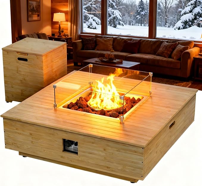 43" Gas Fire Pit Table with Propane Tank Cover Table Wood Grain Design Square Includes Lava Rocks and Weatherproof Cover for Outdoor Patios Parties Garden 50,000 BTUs CSA Certified