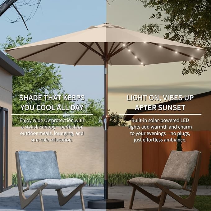 9FT Solar Umbrella 32 LED Lighted Patio Umbrella Table Market Umbrella w/Tilt and Crank, UV-Resistant Outdoor Umbrella for Pool, Garden, Deck, Beige