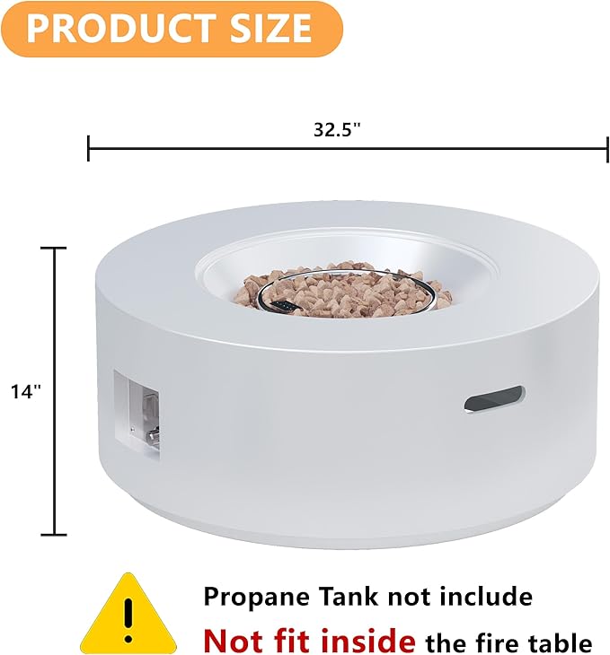 32 inch Round Propane Fire Table, 50,000 BTU Gas FirePit, Patio Fire Pit Table with Steel Lid, Rain Cover, 10ft Propane Hose, Lava Rocks, White