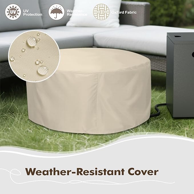 30" Round Propane Fire Pit Table - 50K BTU with Lid, Rocks Tank Storage and Cover - Round Gas Fire Pits for Outside Patio - Outdoor Table with Firepit (Grey/Golden Light, 30" Round)