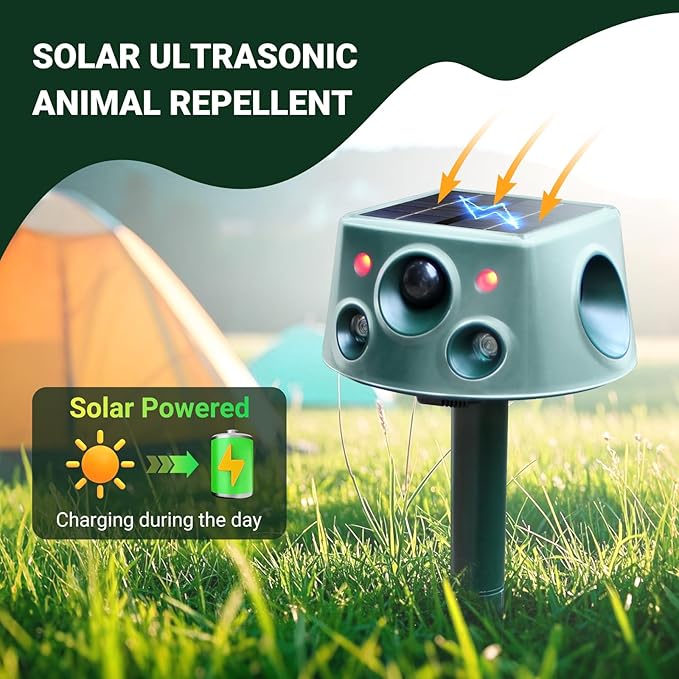 360° Deer Repellent Device, IP66 Waterproof Solar Ultrasonic Animal Repellent, Pest Repeller with Motion Detection & PIR Sensors, Cat Deterrent Outdoor for Repelling Sankes, Raccoons, Cats, Dogs