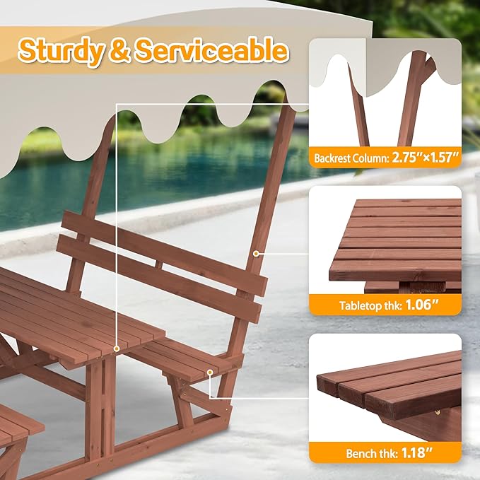 Rueekfil Outdoor Solid Wood Picnic Table with Bench Set & Removable Waterproof Canopy, All-Weather Commercial Camping Table for School, Patio Garden Deck Park Beach, Brown