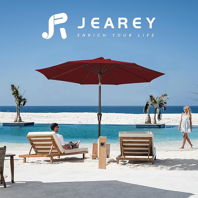 JEAREY 9FT Outdoor Patio Umbrella Outdoor Table Umbrella with Push Button Tilt and Crank, Market Umbrella 8 Sturdy Ribs UV Protection Waterproof for Garden, Deck, Backyard, Pool (Cherry Red)