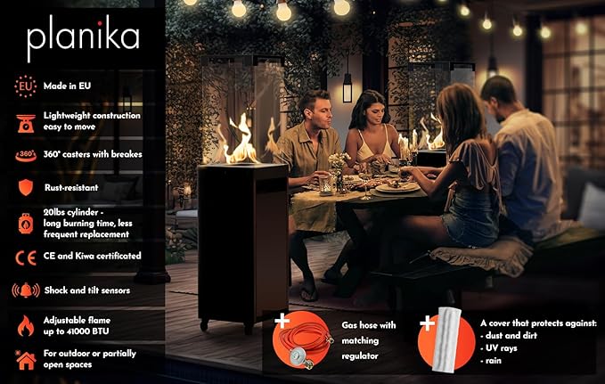 Planika Faro 41,000 BTU Propane Patio Heater 59" Modern Freestanding Glass Tower with Wheels, Smokeless 360° Flame, Cover & Regulator Included for Commercial & Residential Outdoor Spaces