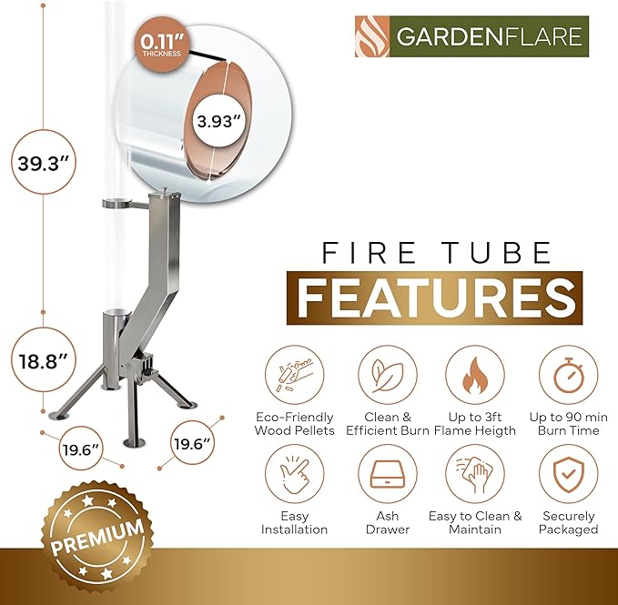 Smokeless Fire Pit - Outdoor Wood Pellet Fire Tube Stainless Steel firepit for Ambience Fire on Your Backyard, Patio, Porch & Garden (Silver, Premium)