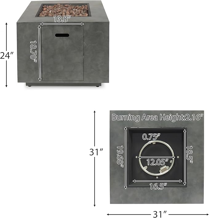 Propane Fire Pit Table, 31 Inch Firepits for Outside, Square Gas Fire Pit for Outside Patio, Iron Propane Fire Table, 50000BTU, Stone Gray