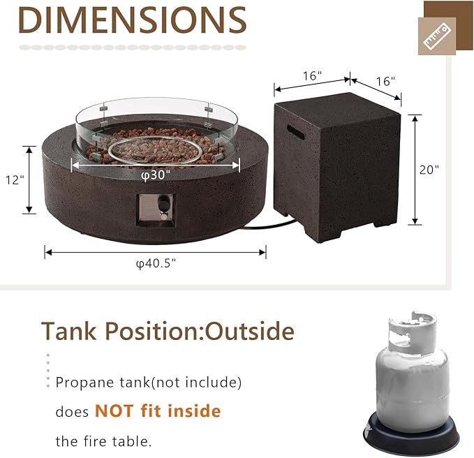 COSIEST 42 inch Outdoor Propane Fire Pit Coffee Table w Concrete Round Base Patio Heater, Certified, 50,000 BTU Stainless Steel Burner, Free Lava Rocks, Rain Cover, Wind Guard, Tank Cover