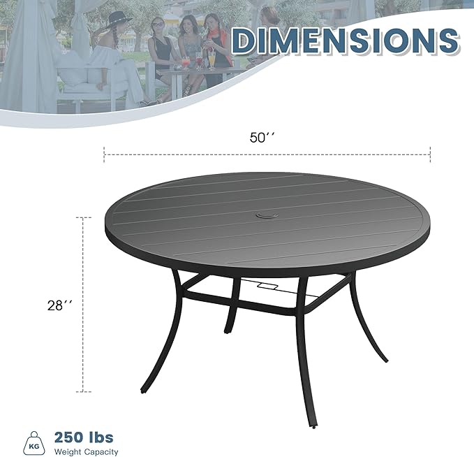 DIFY 50" Round Outdoor Patio Dining Table for 6, Metal Patio Table with 1.57" Adjustable Umbrella Hole, All-Weather Dining Furniture Table for Backyard Lawn Garden, Black