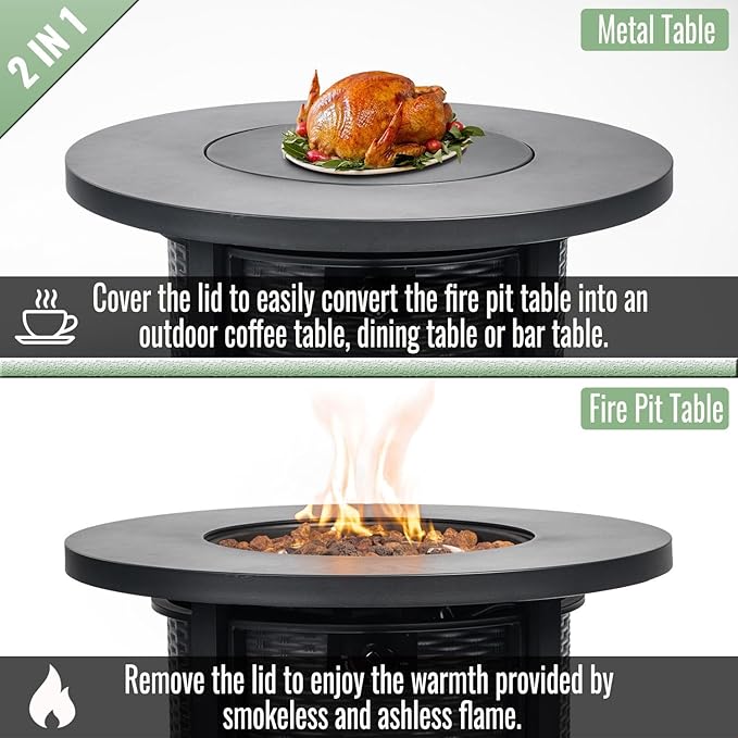 GDFStudio 30" Round Propane Fire Pit Table, 50000 BTU Outdoor Gas Heater with Steel Top & Wicker Base, for Patio, Deck, Garden, Black