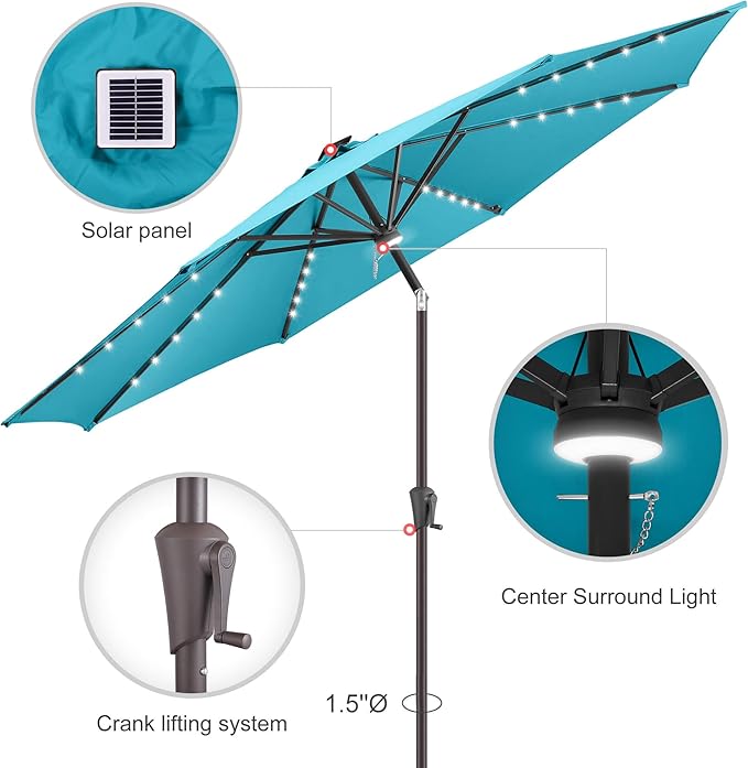 9ft Solar Umbrella Outdoor - Lighted Patio Umbrella with 40 LED Lights Waterprool Uv Protection, Table Umbrella with Tilt & Crank for Pool, Porch, Garden, Deck, Backyard(Sky Blue)