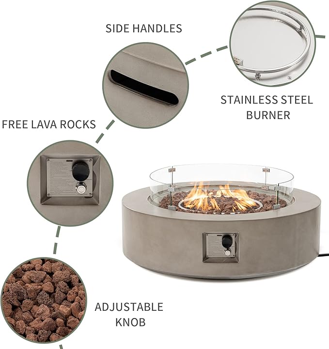 COSIEST Outdoor Propane Fire Pit Coffee Table w Gray 42 inch Round Base Patio Heater, Certified, 50,000 BTU Stainless Steel Burner, Wind Guard, Tank Outside, Free Lava Rocks, Waterproof Cover