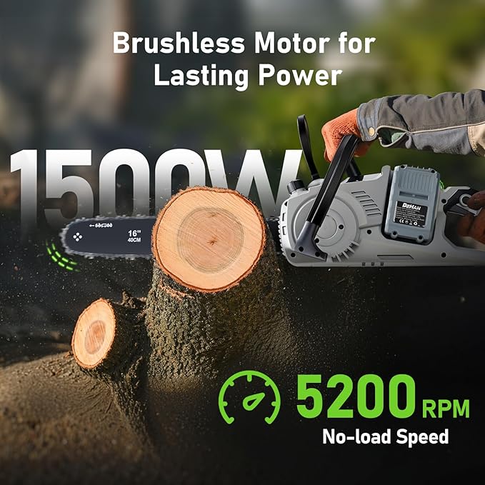 16 Inch Brushless Electric Chainsaw with 2 x 4.0Ah 21V Battery, Tool-Free Chain Tensioning, Instant Chain Brake & Transparent Oil Tank – Tools for Tree Trimming & Wood Cutting