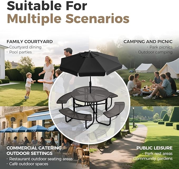 KUFUH 46" Coated Round Metal Picnic Table for 4-8 Person, Durable Heavy Duty Commercial Picnic Table with Umbrella Hole for Outdoor Coffee Shop, School, Easy to Install, Black