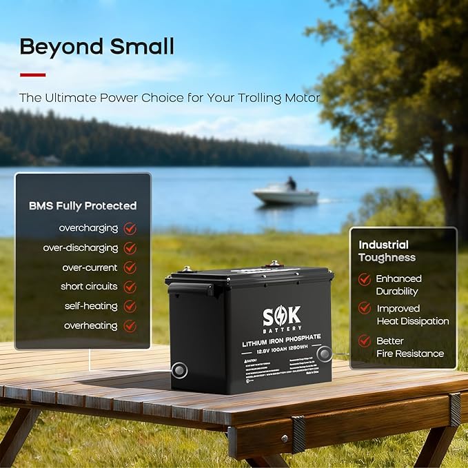 SOK Battery 12V 100Ah LiFePO4 Deep Cycle Lithium Iron Phosphate Battery with Low-Temp Protection, ABS Casing, Marine Grade IP65 Suitable for RV, Marine, Boat, Yacht, and Solar & Wind Off-Grid Use
