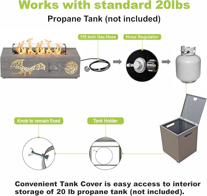 Dineli 2-Piece Outdoor Propane Fire Pit Table Set w Tank Table 42'' Rectangular Gas Fire Pits for Outside Patio Fire Table w LED, 50,000 BTU (Gray, Pterosaur Cutout with Warmlight)