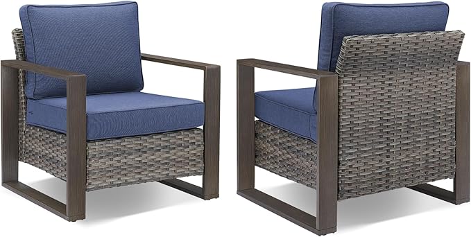 Rilyson Outdoor Wicker Patio Furniture Set - 5 Piece Patio Conversation Set with 2 Wicker Armrest Chairs,2 Rattan Ottoman and 1 Couch,Sturdy Frame,Thick Cushions,Deep Seating(Mixed Grey/Blue)