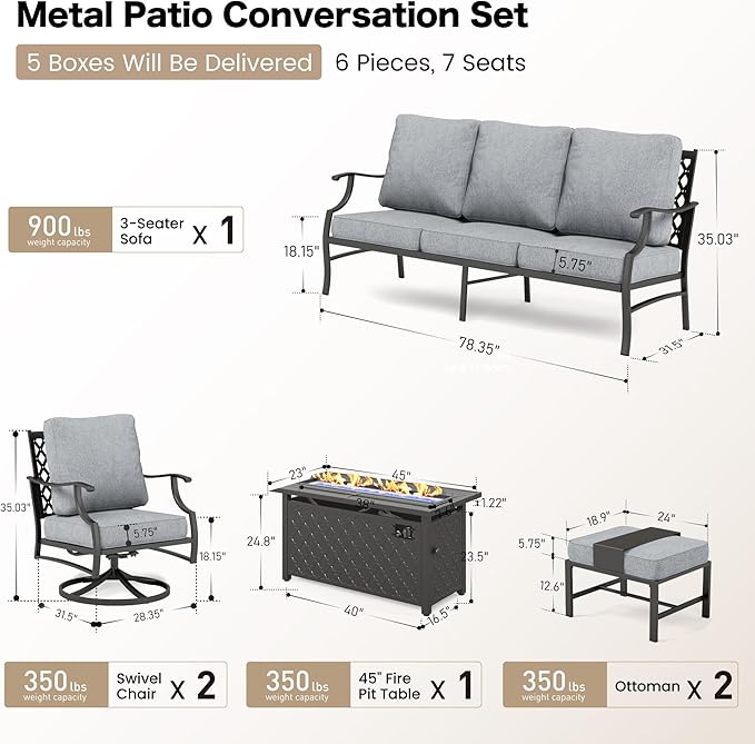 SUNSHINE VALLEY 6 Piece Metal Outdoor Patio Furniture Set with Firepit Table, Patio Conversation Set 1 3-seater Sofa, 2 Swivel Chair, 2 Ottoman with 5.75" Thick Cushion, Black Backyard Furniture, Gray