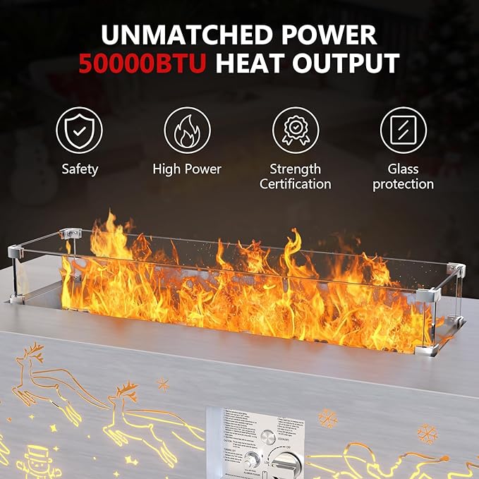 Dineli Propane Fire Pit Table 42 Inch Gas Fire Pits & Outdoor Fireplaces w LED, Tabletop Fire Pit Firepits for Outside Patio, 50,000 BTU (Light Gray, Christmas Pattern with Warmlight)