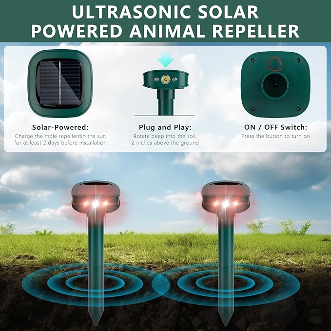 4 Pack 2025 Upgraded Solar Ultrasonic Animal Repellent Outdoor – Motion Activated Deer, Squirrel, Cat, Raccoon, Dog & Bird Deterrent with Multi-Frequency LED Strobe & Ultrasonic Sweep for Yard Lawn