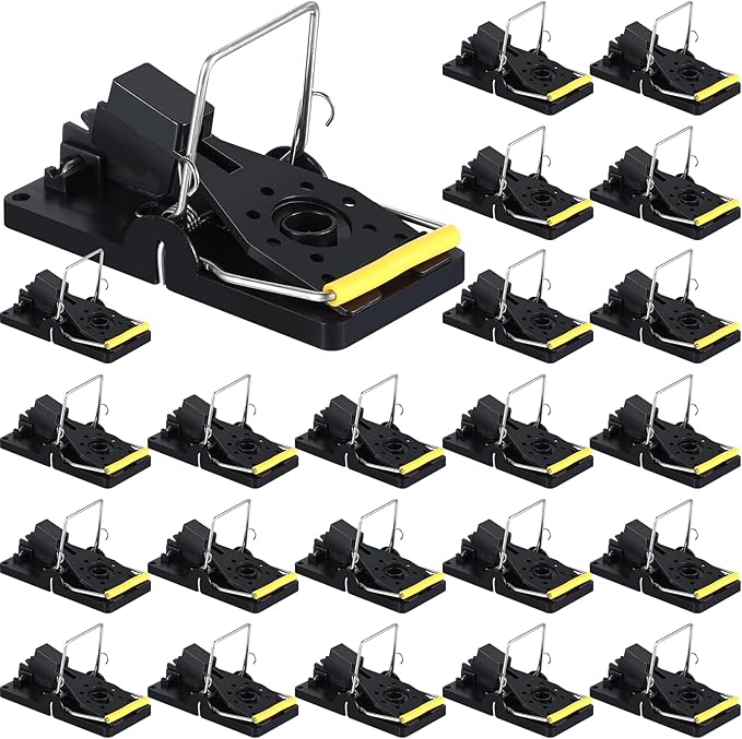 Qualirey 24 Pcs Mouse Traps Plastic Snap Rat Trap Bulk Reusable Quick Effective Safe for Indoor Outdoor Home House Warehouse Garden Kitchen 3.86 x 1.81 x 2.17 Inch (Black,Yellow)