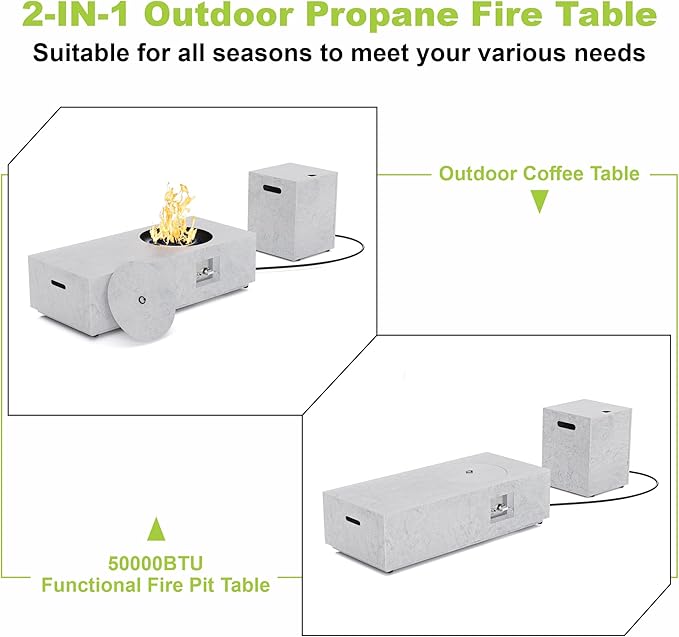 Dineli 2-Piece Outdoor Propane Fire Pit Table Set w Tank Table 48'' Rectangular Firepit Gas Fire Pits for Outside Patio Fire Table Tabletop Fire Pits w CSA Certified, 50,000 BTU, Stone-Look Marble