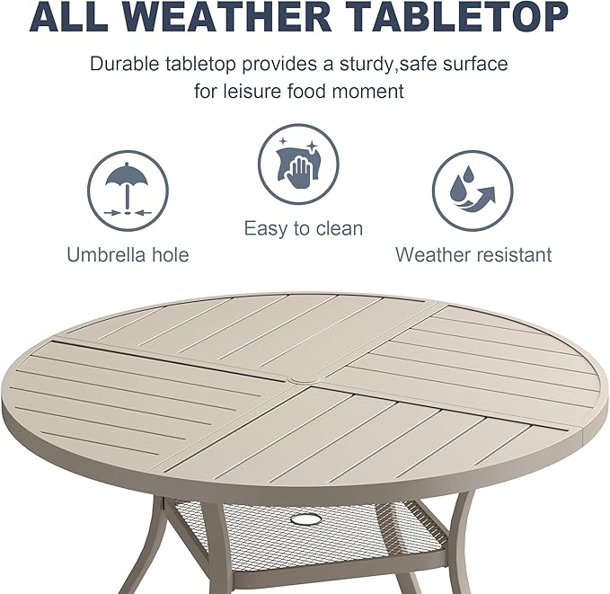 VICLLAX Round Patio Dining Table, 4-6 Person Metal Outdoor Dining Table with Umbrella Hole and Storage Shelf for Garden Lawn Deck, 47.2" Sandshell