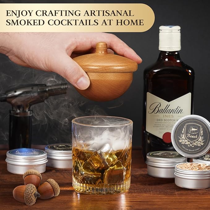 G GOOD GAIN Whiskey Smoker Kit with Torch - Old Fashioned Cocktail Smoker Infuser Kit, 6 Flavors Wood Chips, 4 Ice Stone | Birthday Bourbon Whiskey Gifts for Men, Dad, Husband (No Butane)