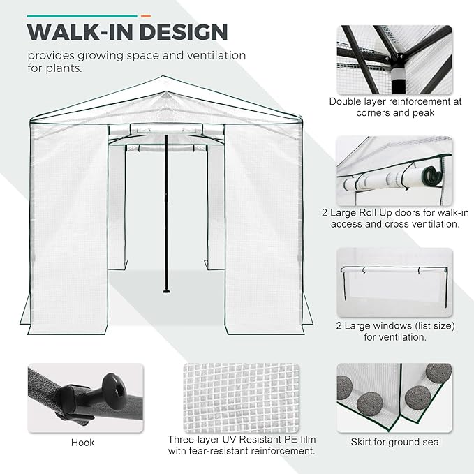 EAGLE PEAK Instant Pop-up Greenhouse, Indoor Outdoor Plant Gardening Green House, Roll-Up Zipper Doors & Side Windows - Winter Support Pole, Walk in 12x8 ft, White/Clear