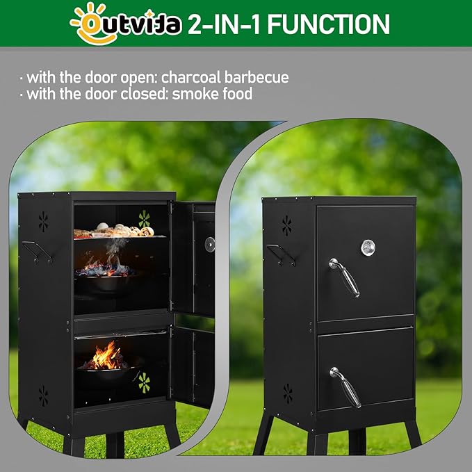 ROVSUN 2-in-1 Outdoor Smoker with Double Doors, Vertical Portable Charcoal Grill with Two Detachable Grill Smoking Racks and Charcoal Pan, Perfect for Camping Barbecue, Black