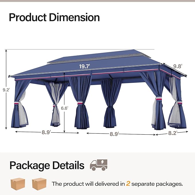 LAUSAINT HOME Outdoor Patio Gazebo 10'x20' with Expansion Bolts, Heavy Duty Party Tent & Shelter with Double Roofs, Mosquito Nettings and Privacy Screens for Backyard (Klein Blue)