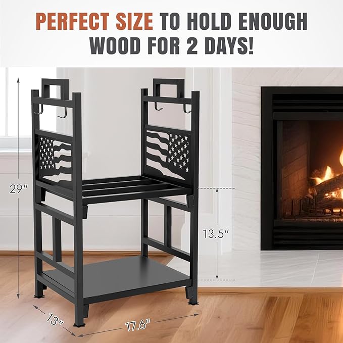 INNO STAGE Firewood Rack Fireplce Firepit Tools Set Double Layer Iron Wood Log Holder for Fire Place Outdoor Indoor Accessories-Brush, Shovel, Tong, Hook