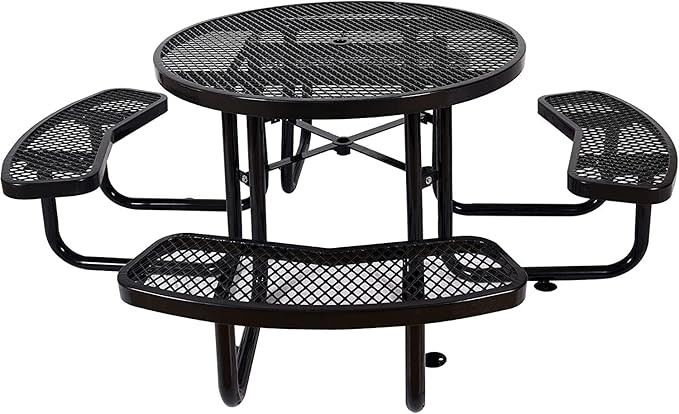 Rueekfil 46" Thermoplastic Picnic Table with Umbrella Hole up to 1.5", Heavy Duty Commercial Picnic Table for Outdoor, Family & Party Ready for School Camping, Round, Black