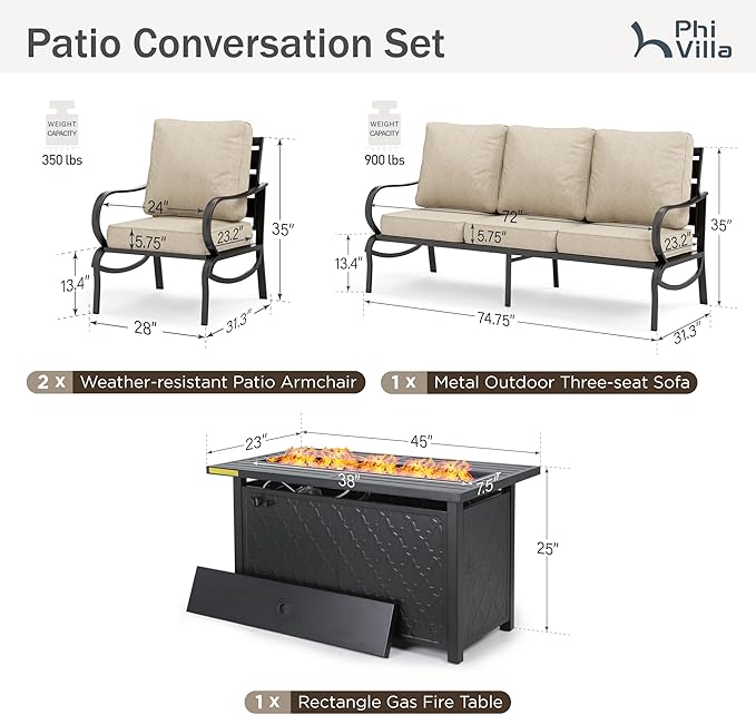 PHI VILLA 6 PCS Patio Furniture Set with FirePit Table, Outdoor Set with 1 x Deep Seating Sofa Bench, 1 x 45 Gas Firepit Table, 2 x Armrest Sofa Chairs, 2 x Metal Cushioned Ottoman