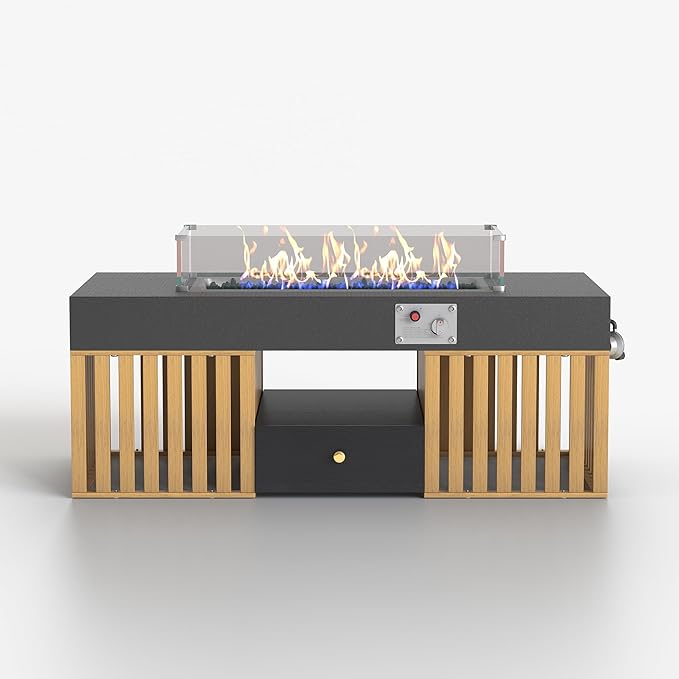 47.24" Outdoor Gas Fire Pit Coffee Table with Wood Storage Drawer and Tempered Glass Wind Guard, Stainless Steel Tabletop Patio Fire Pit Table for Backyard, Garden, Picnic or Party