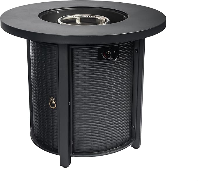 GDFStudio 30" Round Propane Fire Pit Table, 50000 BTU Outdoor Gas Heater with Steel Top & Wicker Base, for Patio, Deck, Garden, Black