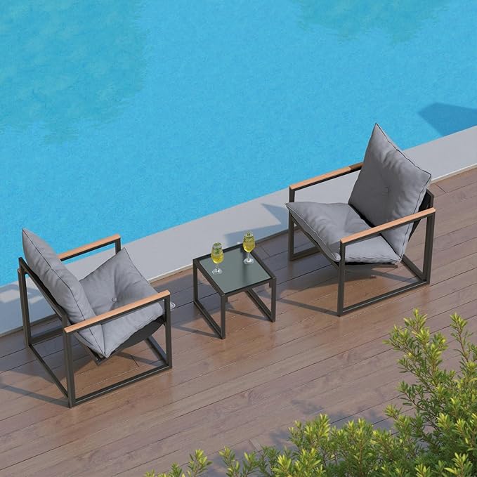 Patio Furniture Set, Outdoor Couch with Glass Coffee Table&Thick Cushion, Wicker Chaise Longue Sofa Set, All-Weather PE Rattan Conversation Set for Garden, Deck, Poolside(3pcs Gray)
