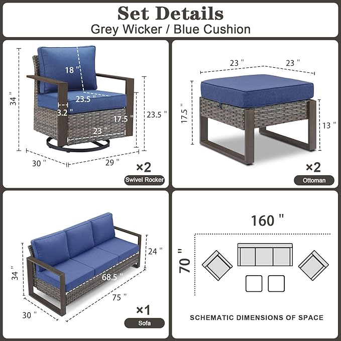Belord 5 Piece Patio Furniture Set with Swivel Chairs, PE Wicker Patio Sofa Set Outdoor Swivel Rocker Patio Chairs with Anti-Rust Metal Wide Armrests for Deck Backyard Sunroom
