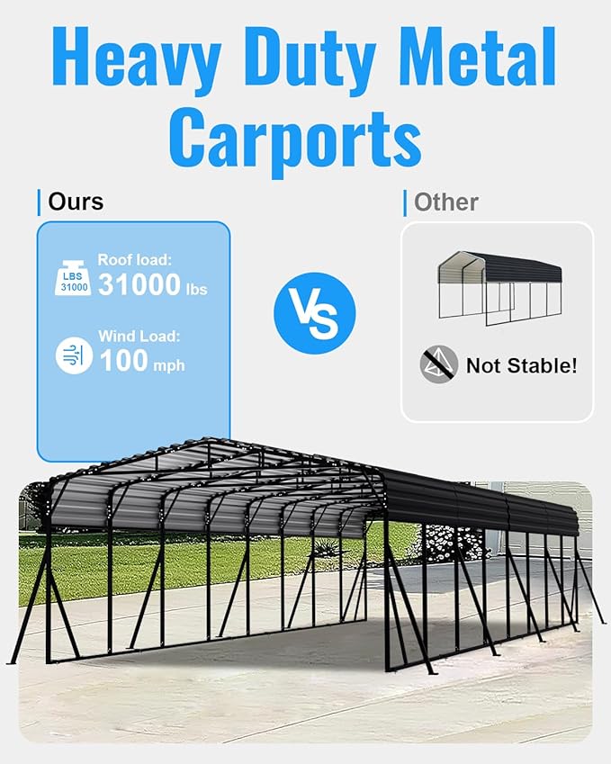 20x40FT Metal Carport, Heavy Duty Car Port Canopy with Metal Roof and Frame, Extra Large Carports Withstand Strong Wind or Heavy Rain, Suitable for Parking Pickup, Boat, Car, and Tractor