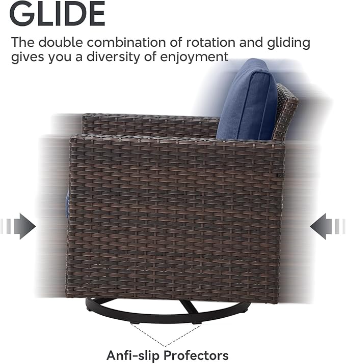 5 Piece Wicker Patio Furniture with Fire Pit Table - Outdoor Conversation Set with 50,000 BTU Fire Pit, All Weather Rattan Patio Set for Deck Backyard Garden - Brown Wicker Blue Cushion